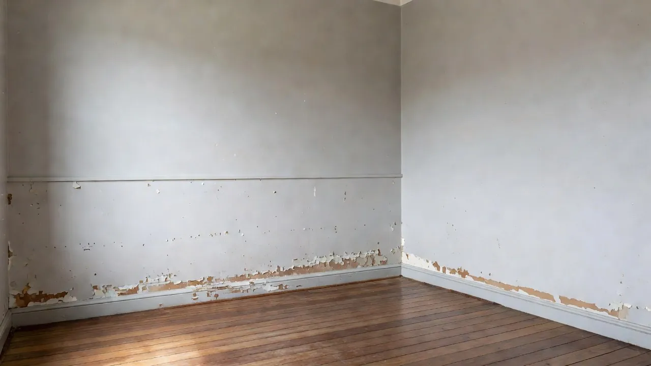 An empty bedroom with paint flaking and brown staining in a low, level band along the bottom of the walls.