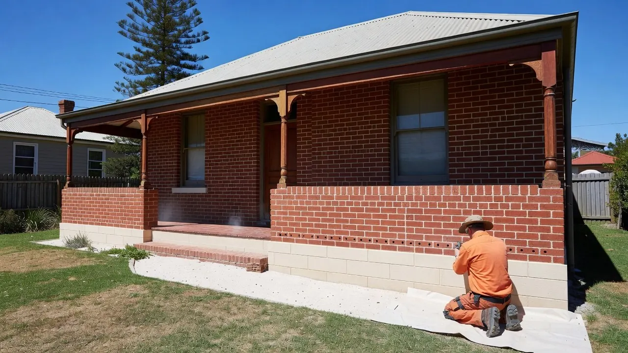 A Federation red brick house on a pale limestone footing, with a technician in orange hi-vis and a wide-brim hat kneeling on a drop sheet, drilling a row of holes in the brick just above the limestone.