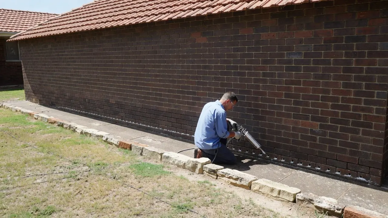 A technician kneeling beside the side wall of an old dark brick bungalow, injecting damp-course cream into a row of holes near the base of the wall with a cartridge gun.