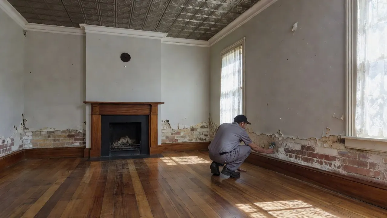 A damp specialist crouched in the front room of a Federation house, holding a moisture meter to a wall where the plaster has failed along the bottom, beside a jarrah fireplace.