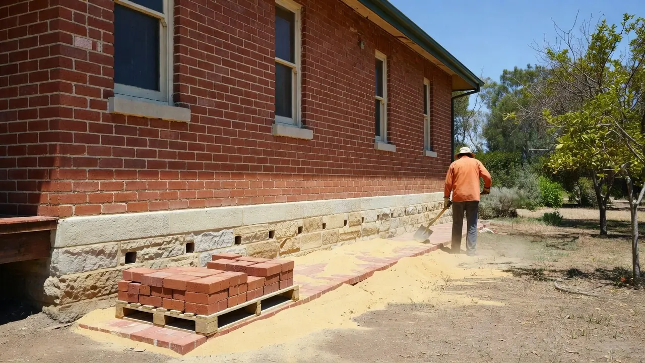 Brick pavers lifted from along the side of an old brick house and stacked on a pallet, with a worker shovelling the bedding sand back from the limestone footing and its vents.