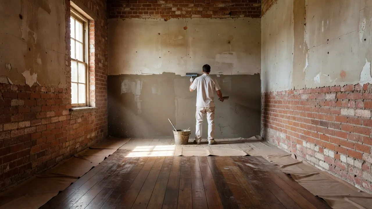 A plasterer seen from behind in an empty room of an old brick house, trowelling new render onto the lower metre of a wall stripped back to brick, with drop sheets on the floorboards.