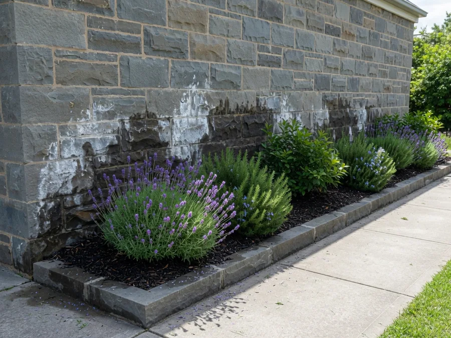 Paving built up above the damp course against the base of a brick wall.