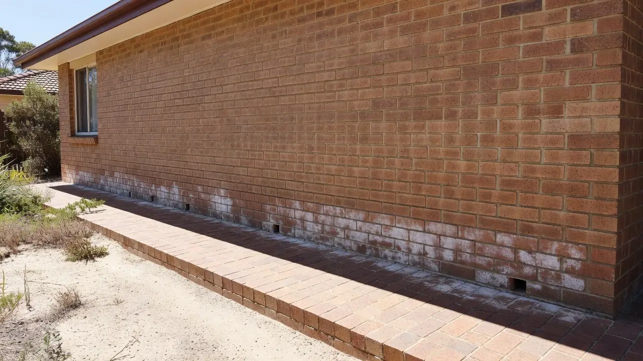 Paving laid above the weep holes of a double-brick wall, with salt on the bricks above.