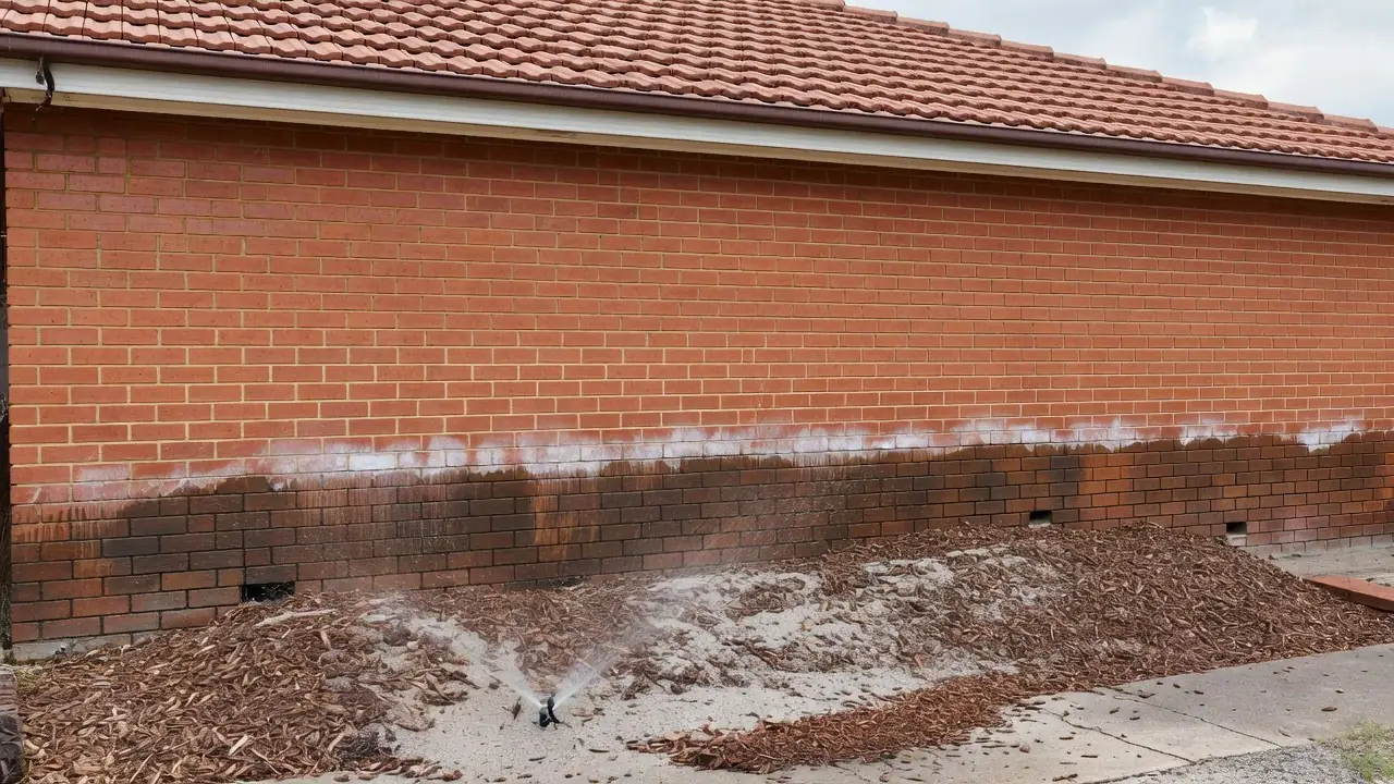 A mulched garden bed built up over the weep holes of a brick house, with a sprinkler wetting the wall and a damp band with salt above the mulch.