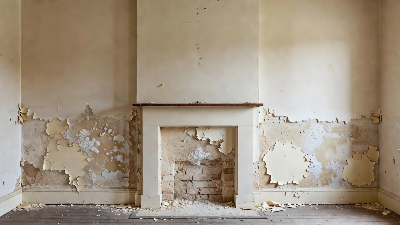 The lower plaster of an old room crumbling around a fireplace, with white salt on it.