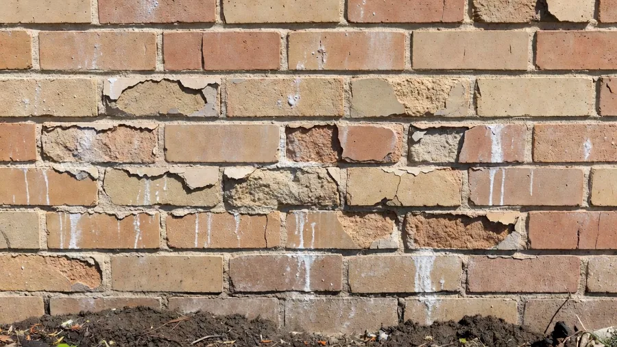 The bottom courses of an external brick wall where the brick faces have flaked away and the mortar has gone soft and powdery.