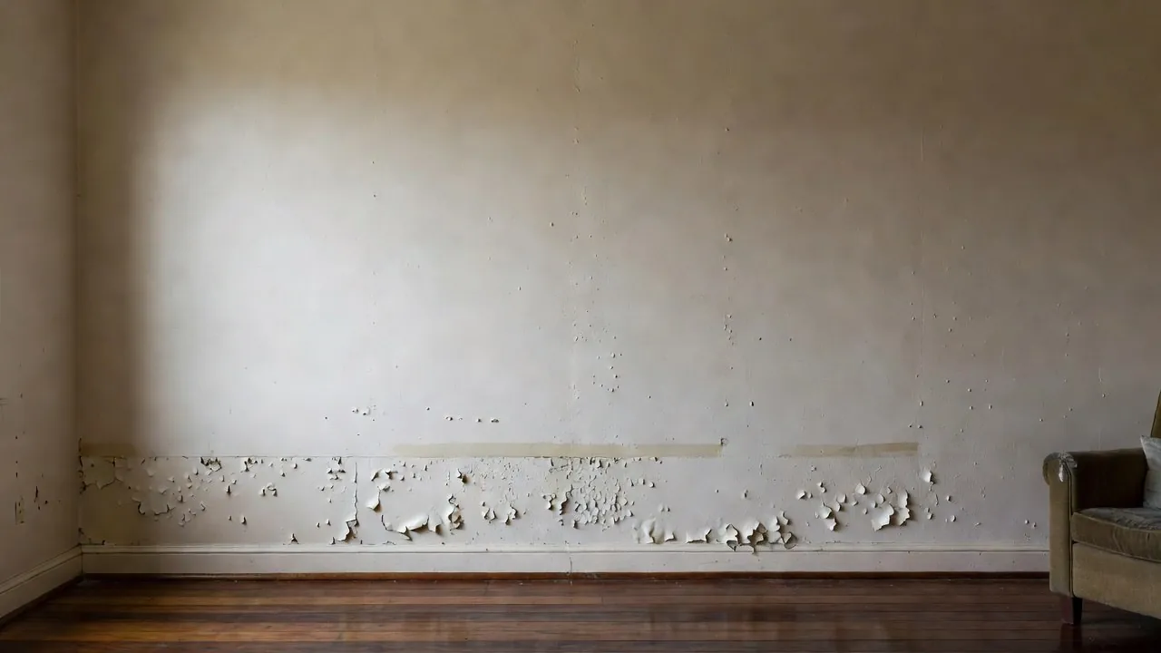 Paint blistering and flaking in a low band just above the skirting of a living room wall.