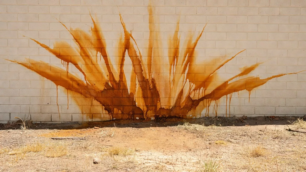 Orange and rust-brown iron staining fanning across a pale wall from bore water sprinkler spray, heaviest low down, dry garden bed below.