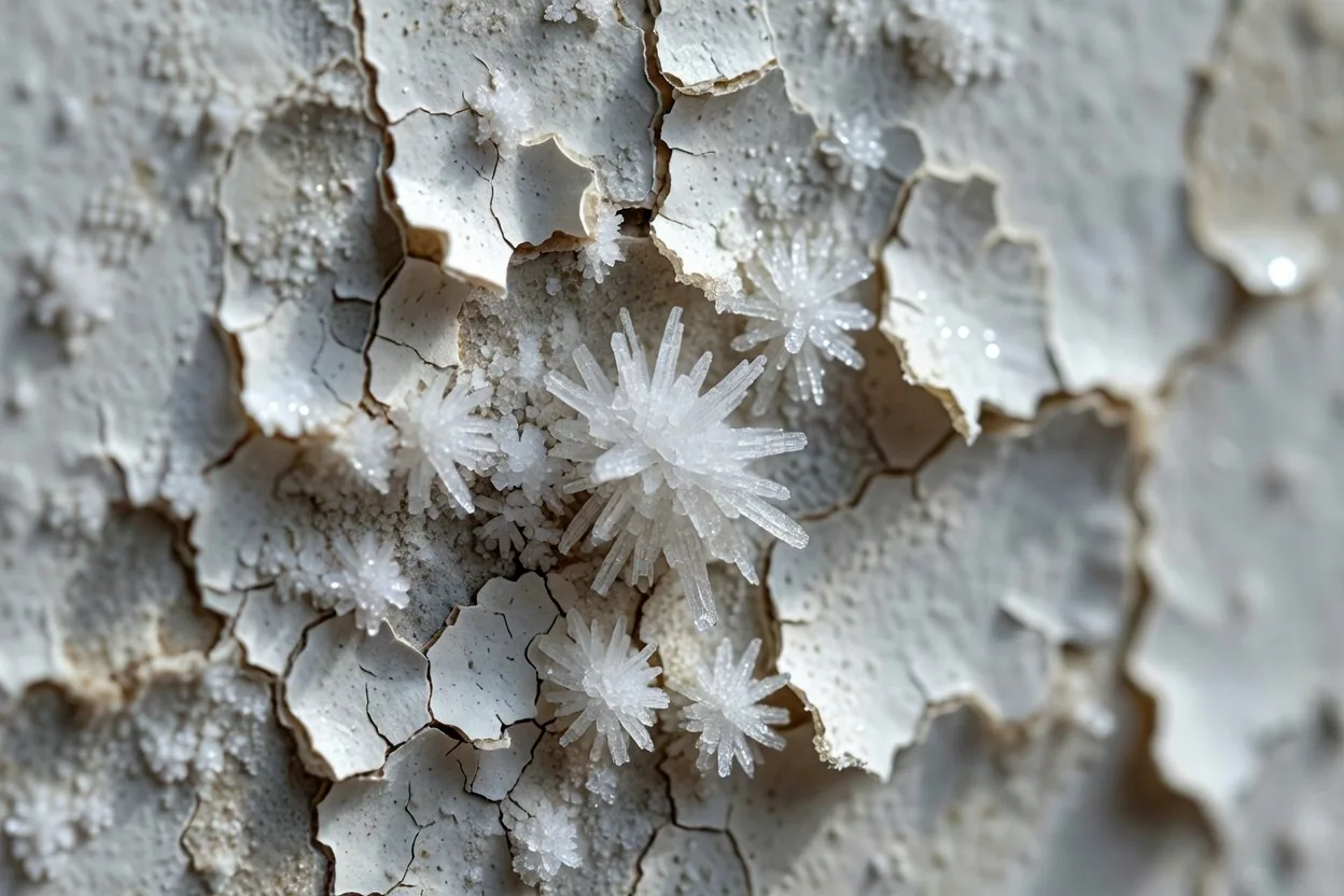 Close-up of white salt crystals pushing out through cracked, blistered paint, some flakes fallen away to expose damp grey plaster.